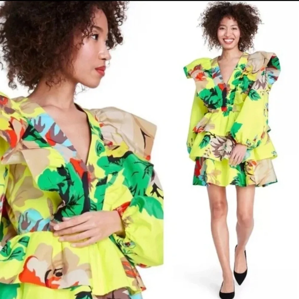 NWT Christopher John Rogers for Target Yellow Floral Long Sleeve Ruffle Dress 2 - Picture 2 of 15